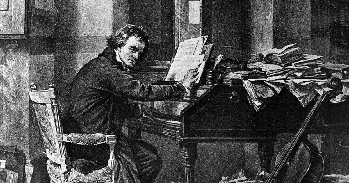 ベートーヴェンがピアノに向かう姿。ピアノの上の散乱された楽譜が印象的な肖像画。