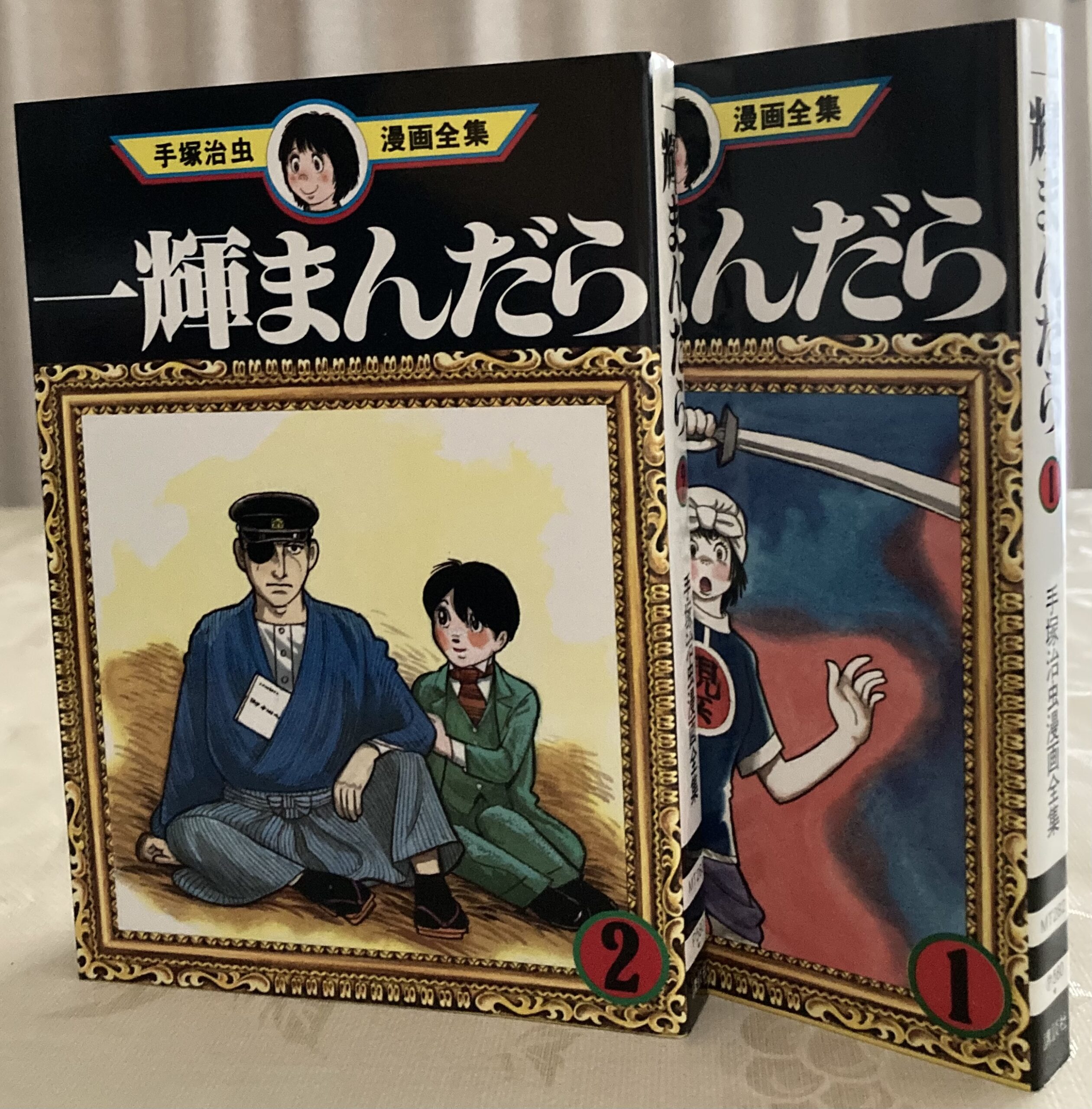 紹介した「一輝まんだら」の手塚治虫漫画全集の２冊を立てて撮影した写真。