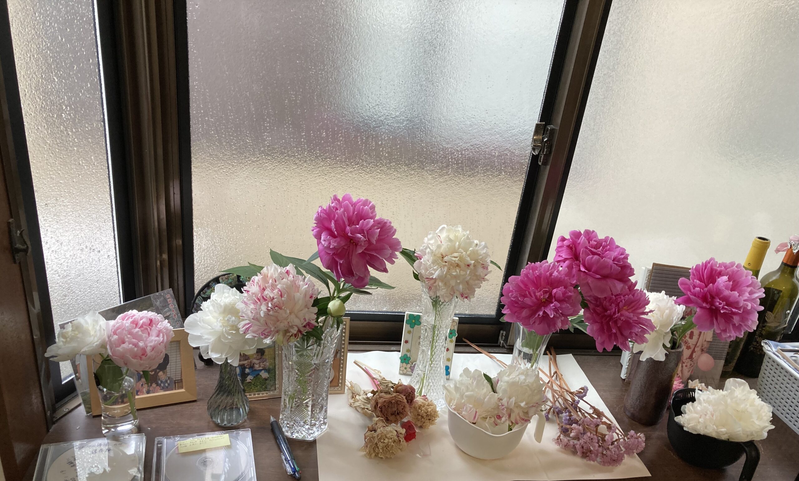 出窓に並んだ切り花、折れて花だけになったものなど。2025.5.17撮影