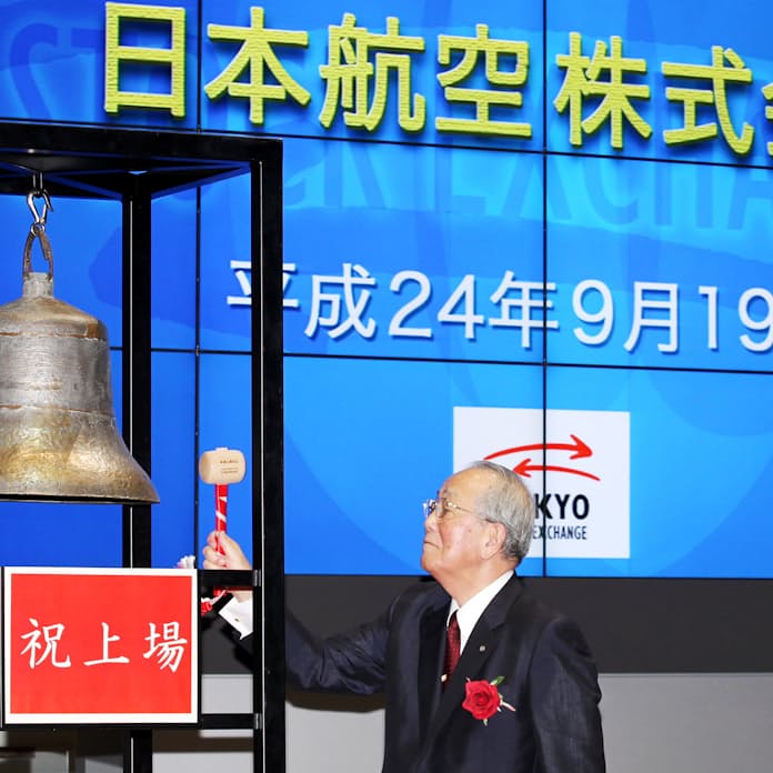 再上場の鐘を叩く稲盛会長。