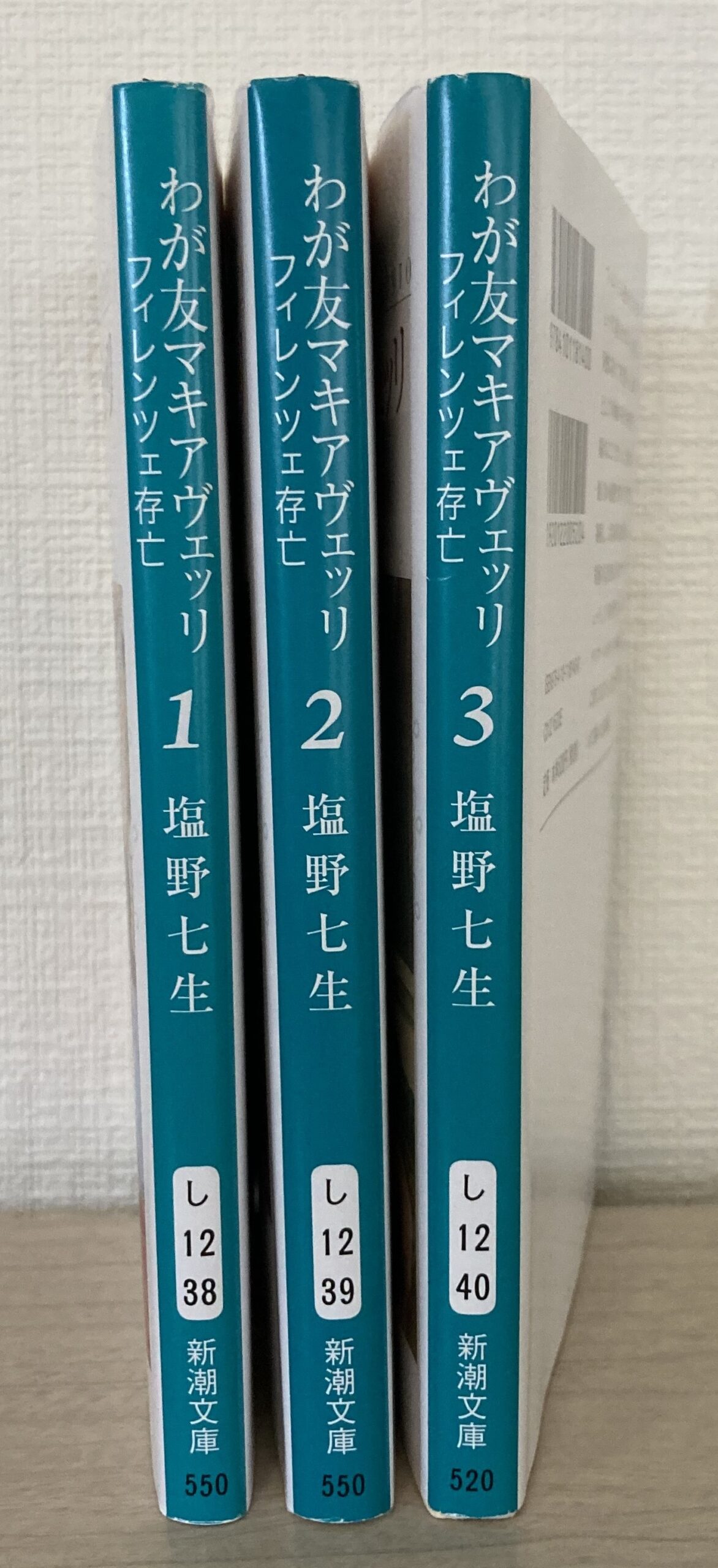 3冊の文庫本を立てて撮影した。