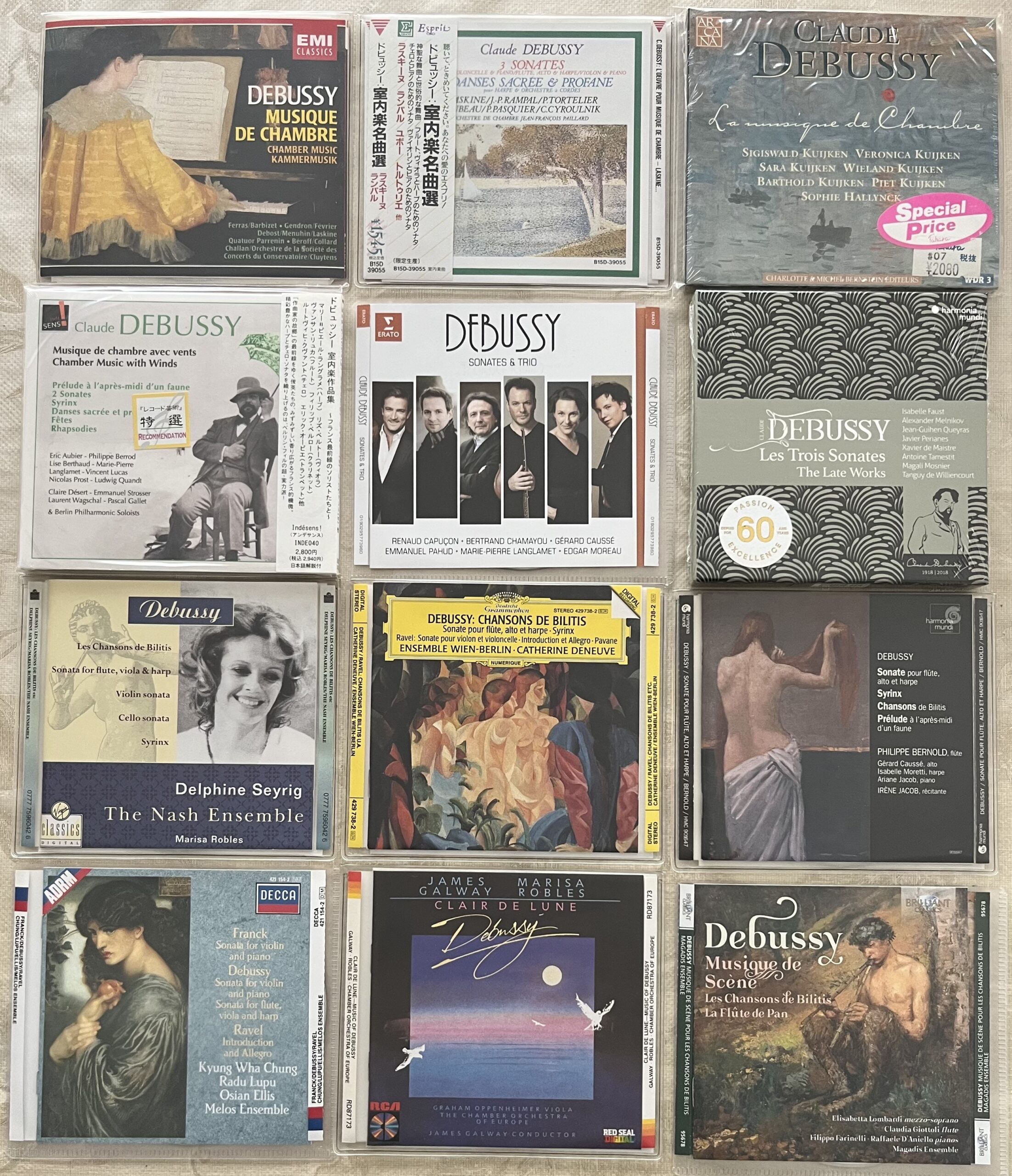 ３つのソナタを全て納めたCDの他に、フルート、ヴィオラとハープのためのソナタを収めたCD。ヴァイオリンとピアノのためのソナタのCDは、他にもまだたくさんある。