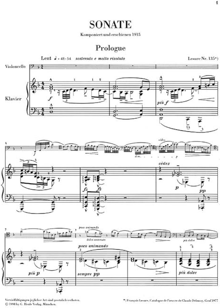 チェロとピアノのためのソナタの冒頭部分の楽譜。